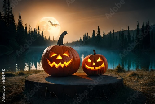 Jack O’ Lanterns Glowing At Moonlight In The Spooky Night - Halloween Scene