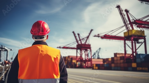 Back view of a worker in logistic company. Modern warehouse and logistics concept