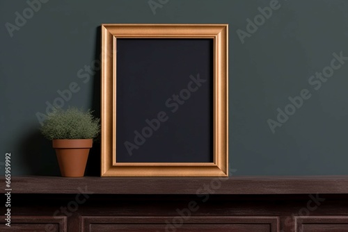 Vertical wooden photo frame mockup on dark paneled wall shelf,