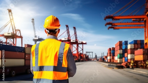 Back view of male engineer foreman checking and controlling loading containers with logistics team in import and export zone at cargo containers yard