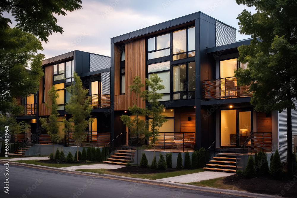 Modern modular townhouses, urban residential architecture at its finest. Discover stylish and contemporary homes that are perfect for urban living, modern design and real estate development.