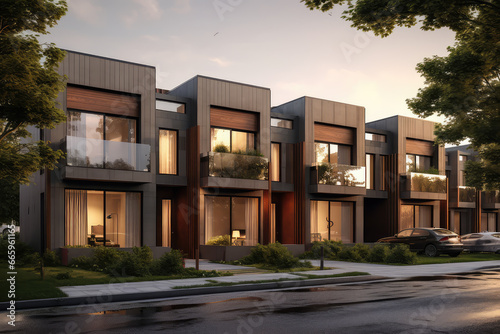 Stylish townhouses, contemporary homes set in the heart of the city. These private residences redefine urban living, offering a glimpse into the world of real estate architecture. © Mongkol