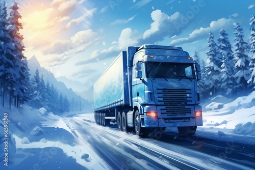 A truck driving on a snowy road in winter. Generative AI