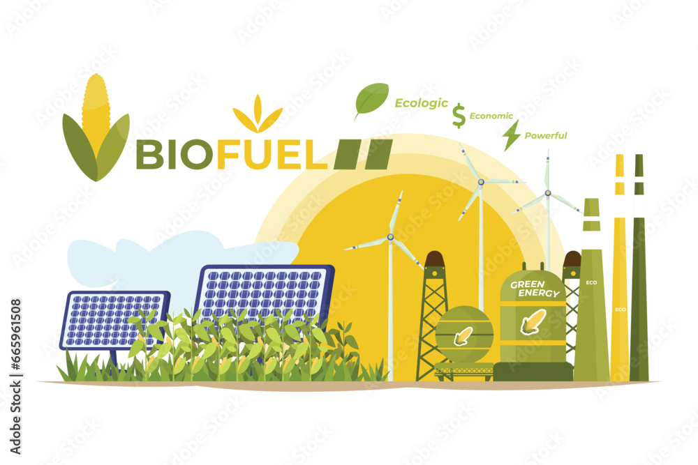 Naklejka premium A colorful illustration showcasing a biofuel plant, solar panel and wind turbines, producing clean, renewable energy.
