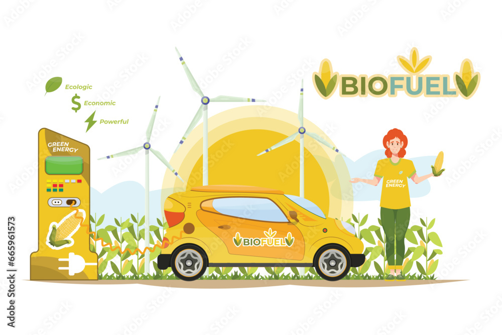 A woman promotes eco-friendly transportation by presenting a biofuel-powered car. A woman promotes eco-friendly transportation by presenting a biofuel-powered car.