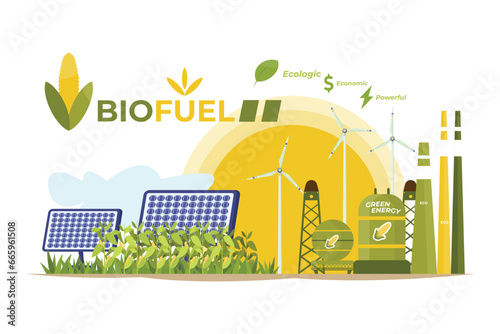 A colorful illustration showcasing a biofuel plant, solar panel and wind turbines, producing clean, renewable energy.
