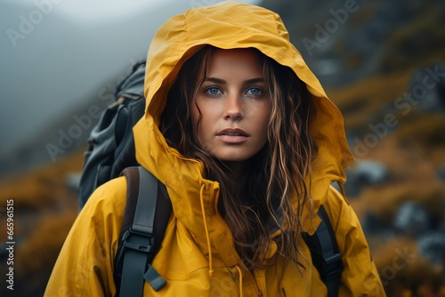 Portrait of a beautiful young woman in yellow jacket with a backpack against the backdrop of picturesque mountains. Female tourist is engaged in hiking. Active lifestyle, travel and trekking concept. © Georgii