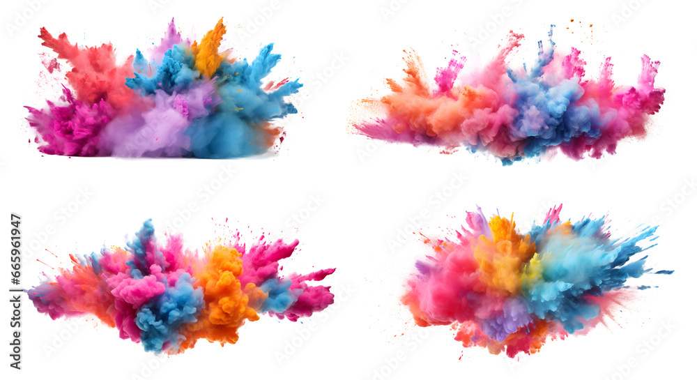 Set of colored powder explosion ink splashes, Colorful paint splash elements for design, isolated on white and transparent background