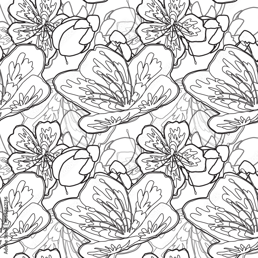 Fototapeta premium Beautiful Sakura Flower Line Art Seamless Surface Pattern Design for Coloring Book - Pages