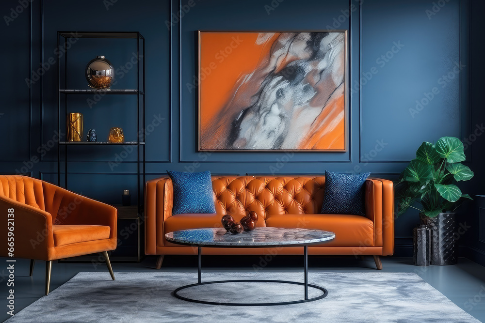 Fototapeta premium Modern Art Deco living room adorned with an orange sofa and armchair against a dark blue classic wall featuring a marbling poster.