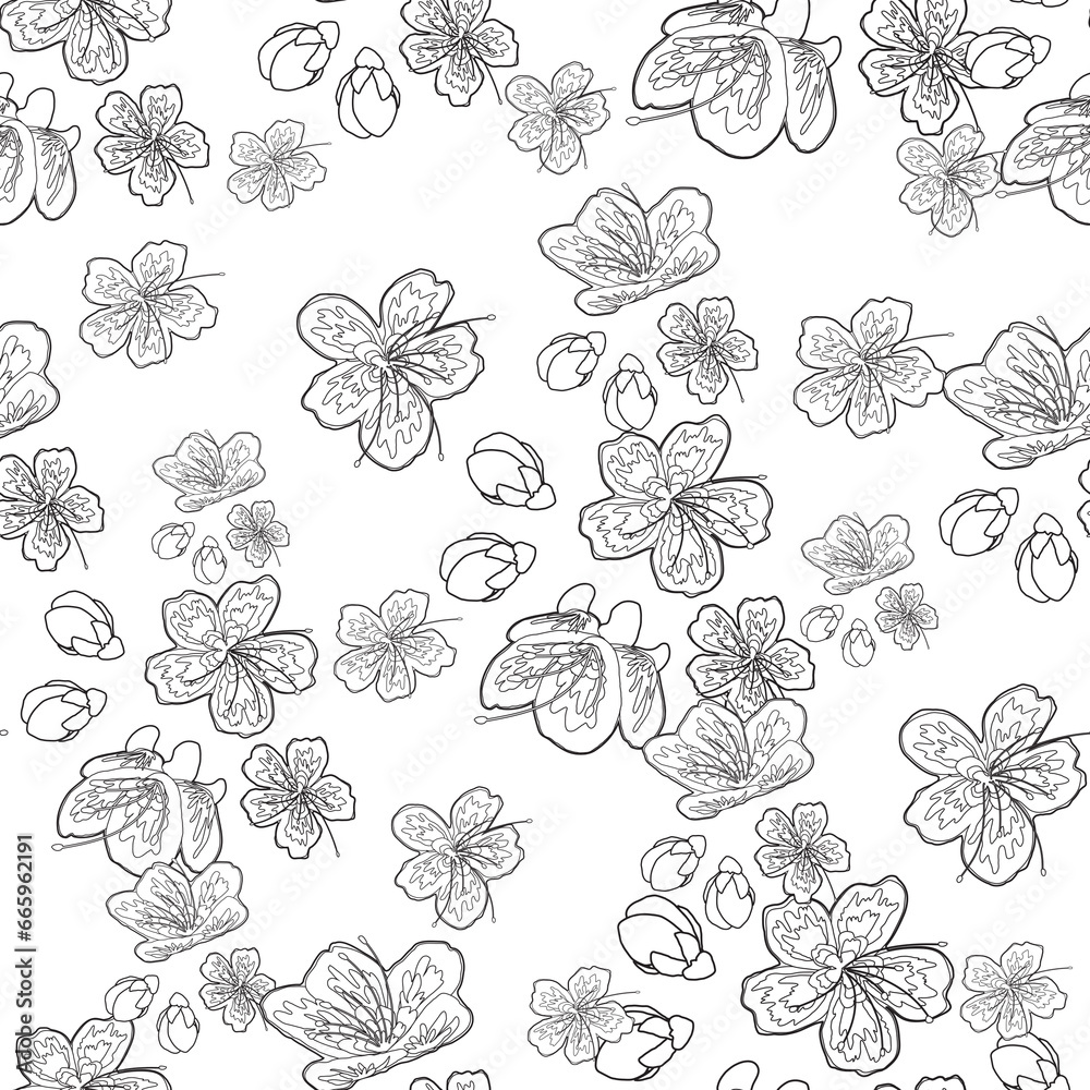 Beautiful Sakura Flower Line Art Seamless Surface Pattern Design for Coloring Book - Pages