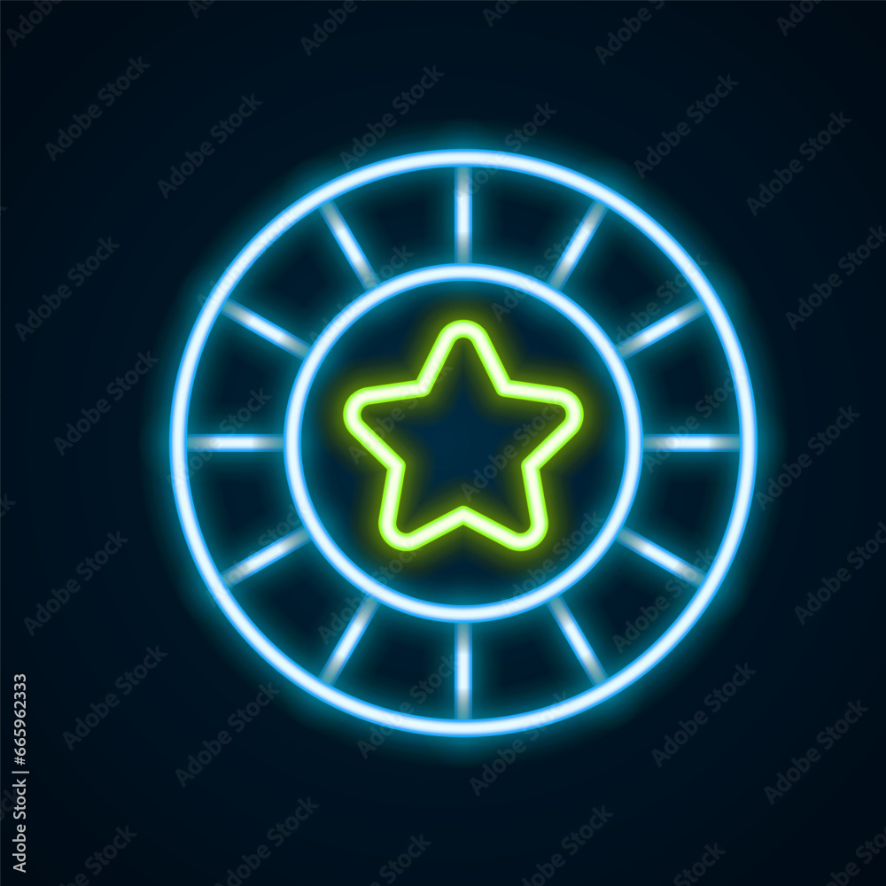 Glowing neon line Casino chips icon isolated on black background. Casino gambling. Colorful outline concept. Vector Glowing neon line Casino chips icon isolated on black background. Casino gambling. Colorful outline concept. Vector