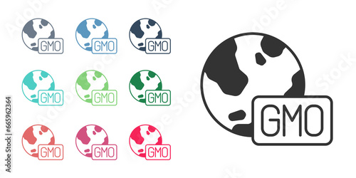 Black GMO icon isolated on white background. Genetically modified organism acronym. Dna food modification. Set icons colorful. Vector
