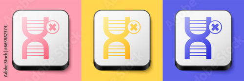 Isometric No GMO icon isolated on pink, yellow and blue background. Genetically modified organism acronym. Dna food modification. Square button. Vector