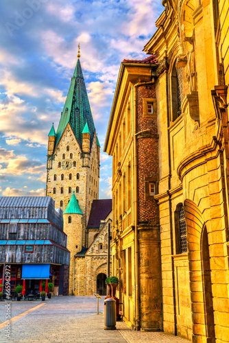 Paderborn Cathedral in North Rhine-Westphalia, Germany at sunset