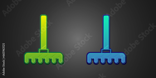 Green and blue Garden rake icon isolated on black background. Tool for horticulture, agriculture, farming. Ground cultivator. Housekeeping equipment. Vector