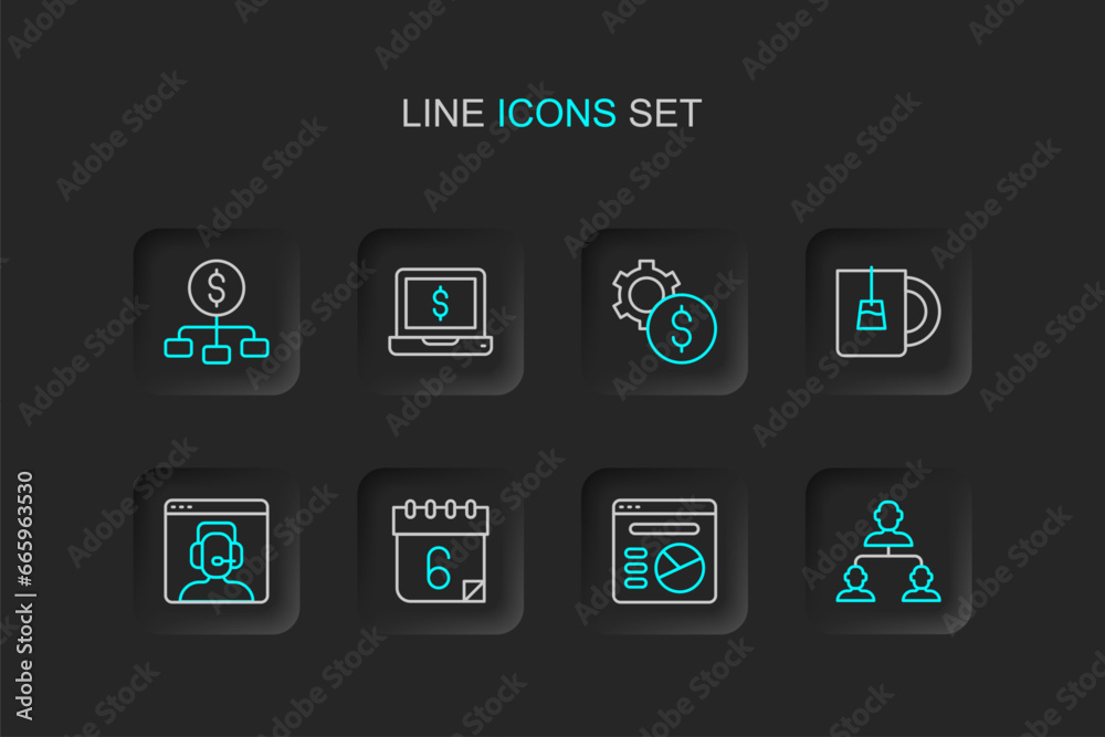 Set line Employee hierarchy, Pie chart infographic, Calendar, Telephone 24 hours support, Cup of tea, Gear with dollar symbol, Laptop and Hierarchy icon. Vector Set line Employee hierarchy, Pie chart infographic, Calendar, Telephone 24 hours support, Cup of tea, Gear with dollar symbol, Laptop and Hierarchy icon. Vector
