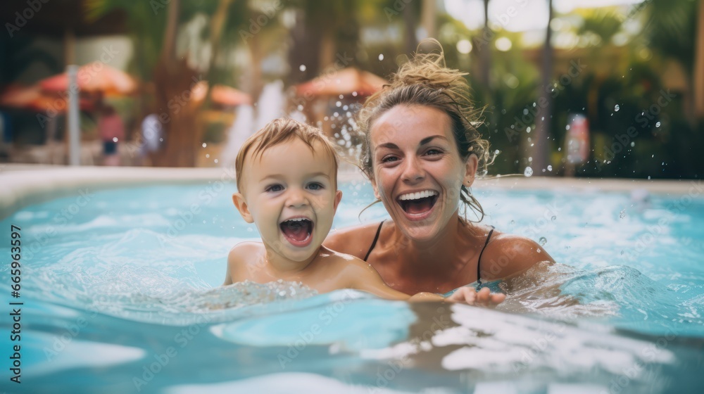 Mother and baby boy having fun in the pool resort 