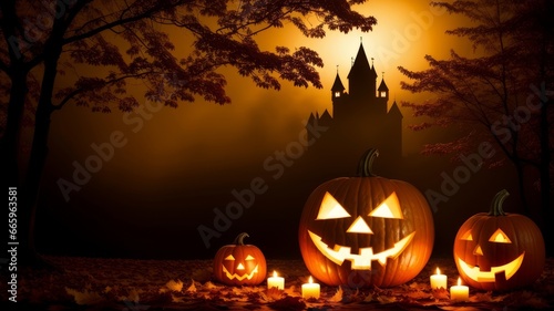 Halloween background. Jack o lantern against the backdrop of a mystical castle and a gloomy forest. AI Generated