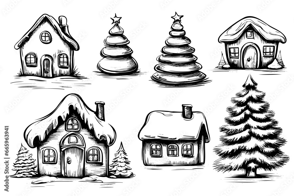 Set hand drawn sketches Cute house and Christmas trees in winter on Christmas Eve and New Year's Eve