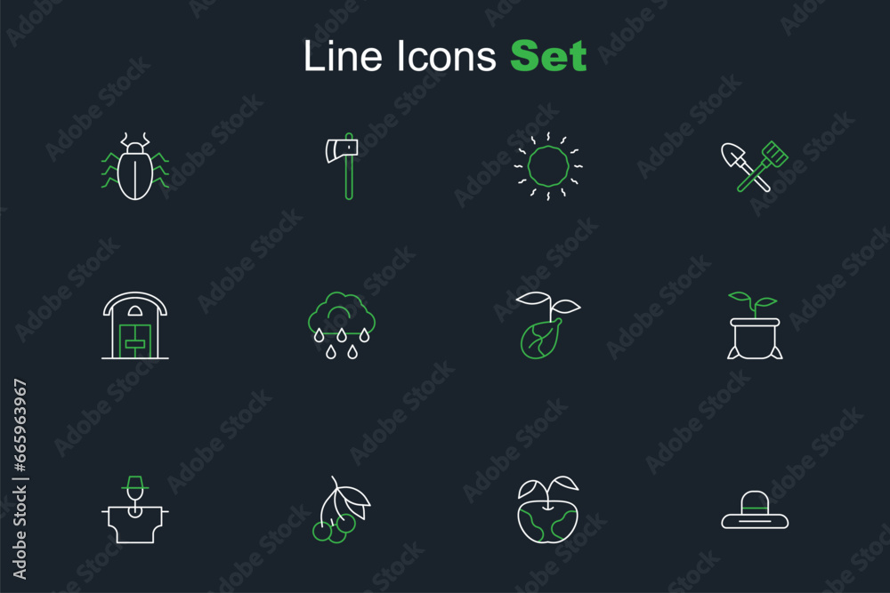 Set line Farmer worker hat, Apple, Fresh berries, Scarecrow, Plant in pot, Sprout, Cloud with rain and house icon. Vector Set line Farmer worker hat, Apple, Fresh berries, Scarecrow, Plant in pot, Sprout, Cloud with rain and house icon. Vector