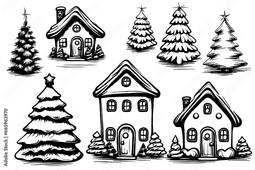 Set hand drawn sketches Cute house and Christmas trees in winter on Christmas Eve and New Year's Eve