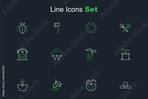 Set line Farmer worker hat, Apple, Fresh berries, Scarecrow, Plant in pot, Sprout, Cloud with rain and house icon. Vector
