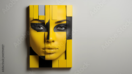 Wandbild vom Gesicht einer Frau mit grandiosen gelb schwarzen Bodypainting Querformat für Banner, ai generativ photo