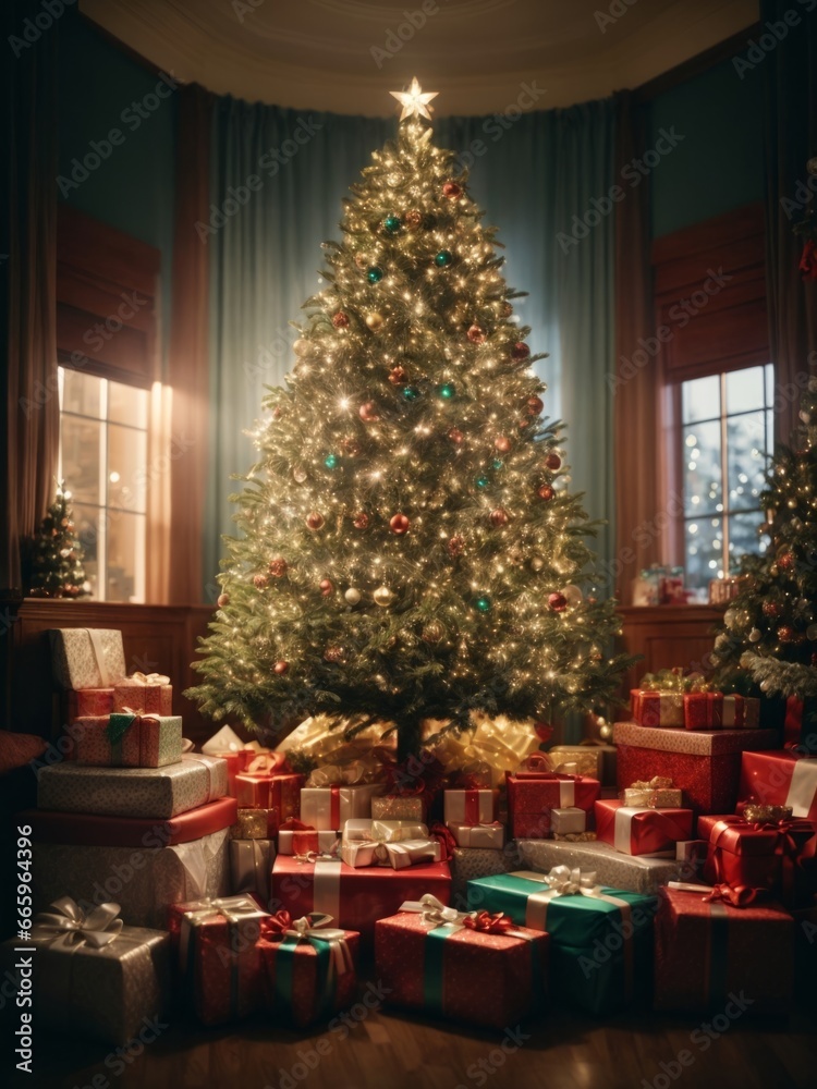 A huge Christmas tree with bright lights and presents 
