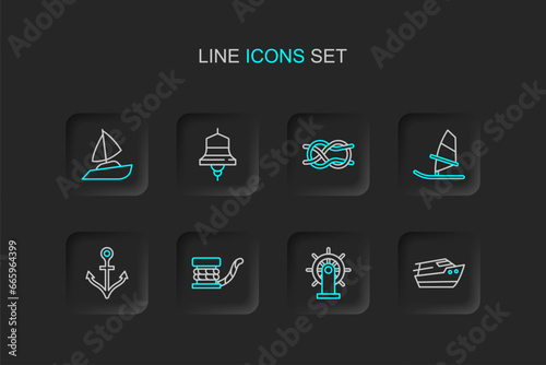 Set line Speedboat, Ship steering wheel, Marine bollard with rope, Anchor, Windsurfing, Nautical knots, bell and Yacht sailboat icon. Vector