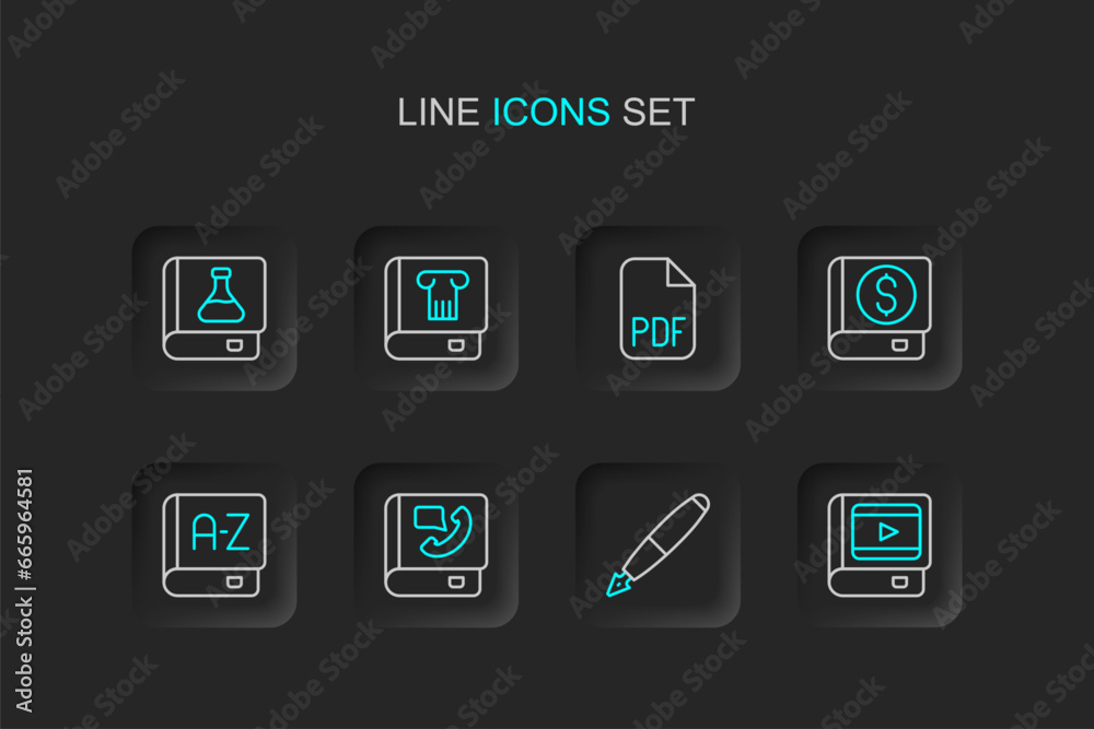 Set line Book about cinema, Fountain pen nib, Phone book, Translator, Financial, PDF file document, History and Chemistry icon. Vector