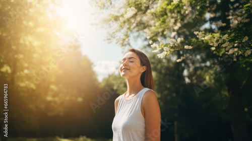 Caucasian female practicing breathing exercises. Relaxing and meditation practices. Woman who taking deep breath after sport, outdoor. Healthy lifestyle.