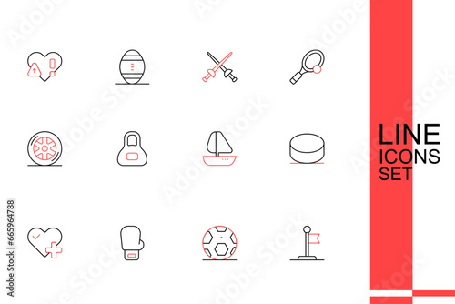 Set line Flag  Soccer football ball  Boxing glove  Heart rate  Hockey puck  Yacht sailboat  Weight and Car wheel icon. Vector