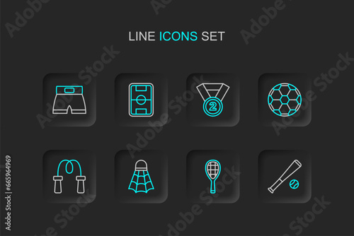Set line Baseball bat with ball, Tennis racket, Badminton shuttlecock, Jump rope, Soccer football, Medal, Football field and Boxing short icon. Vector