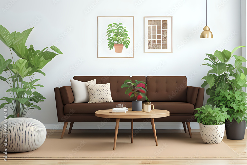 Mock up poster frame, brown sofa, plants, wooden coffee table, lamp, ball, stylish rug, plaid, pillows and personal accessories. Home decor. Template. 3d rendering