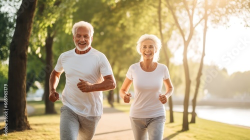 Mature middle aged senior couple running together in the park stadium looking at each other while jogging slimming exercises. Training workout 