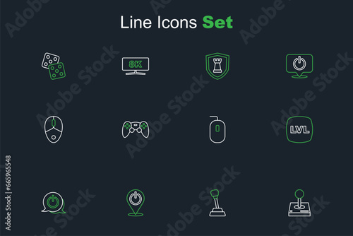 Set line Joystick for arcade machine, Gear shifter, Power button, Level game, Computer mouse, Game controller joystick and icon. Vector