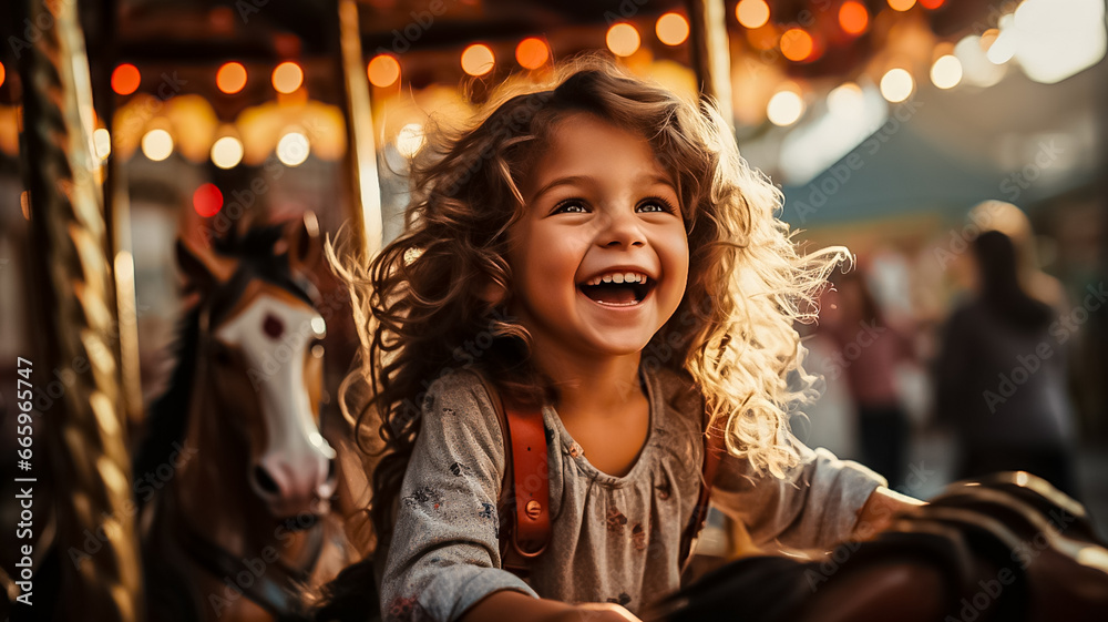 Happy young girl, merry-go-round, having fun at an amusement park. Generative AI Happy young girl, merry-go-round, having fun at an amusement park. Generative AI