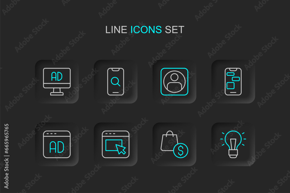 Set line Light bulb, shopping bag and dollar, Advertising, Mobile 24 hours support, Create account screen, Magnifying glass mobile and icon. Vector Set line Light bulb, shopping bag and dollar, Advertising, Mobile 24 hours support, Create account screen, Magnifying glass mobile and icon. Vector