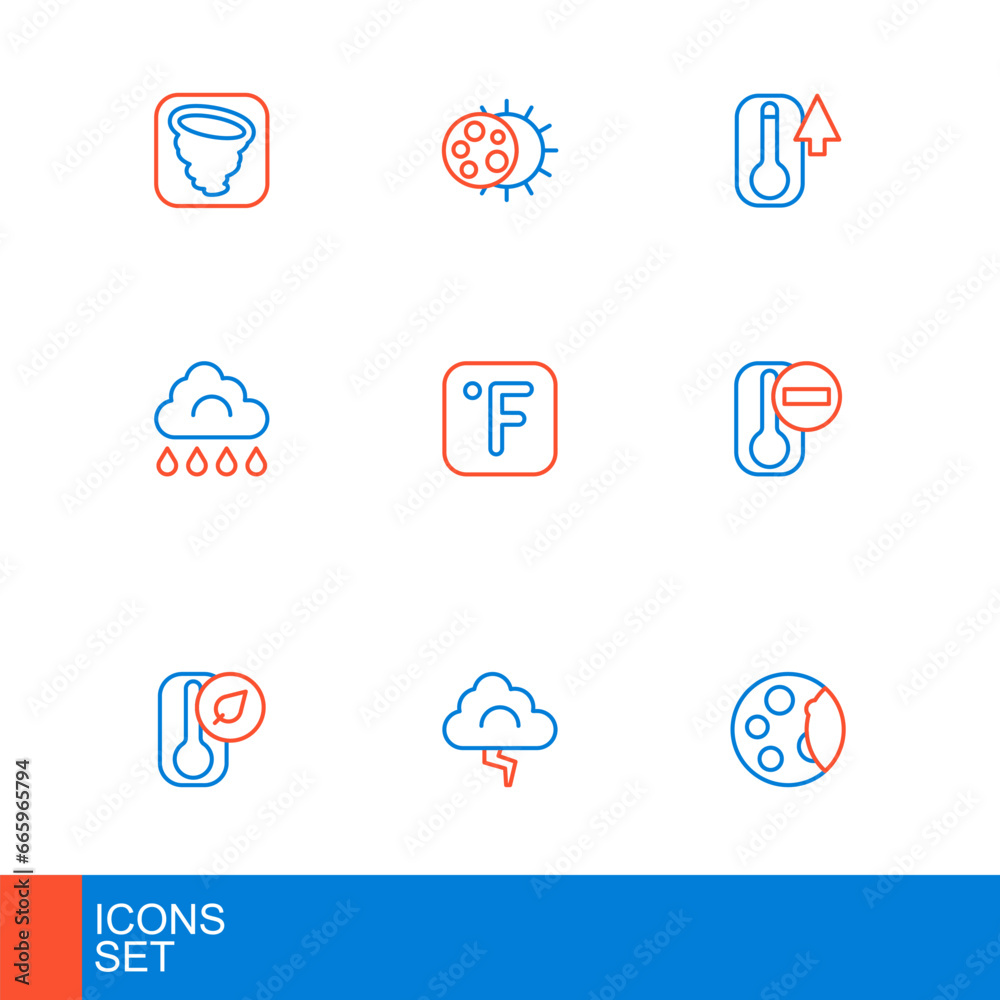 Set line Moon phases, Cloud and lightning, Thermometer, with rain, Fahrenheit, and Eclipse of the sun icon. Vector Set line Moon phases, Cloud and lightning, Thermometer, with rain, Fahrenheit, and Eclipse of the sun icon. Vector