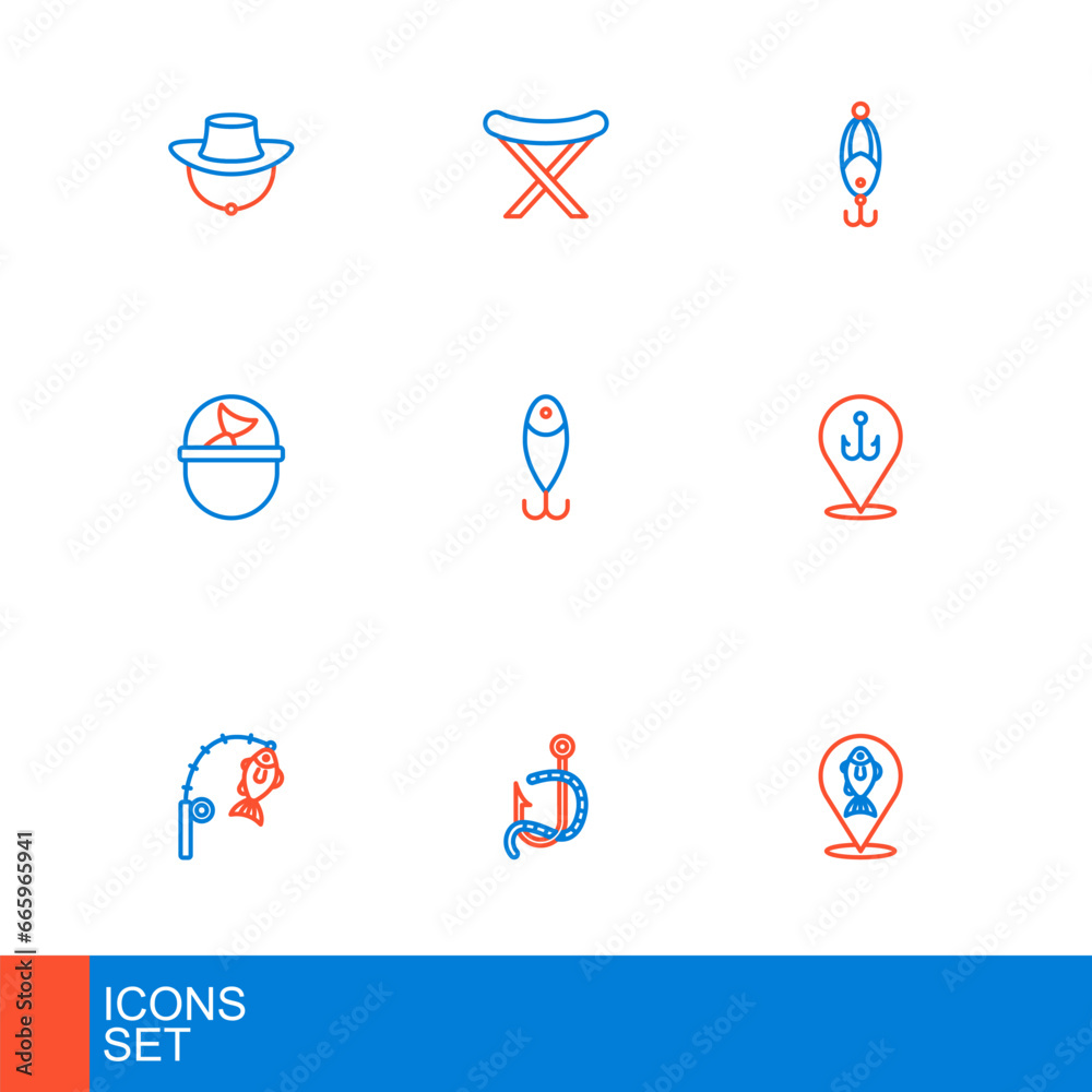 Set line Location fishing, Fishing hook and worm, rod, bucket with, lure, and harpoon icon. Vector Set line Location fishing, Fishing hook and worm, rod, bucket with, lure, and harpoon icon. Vector