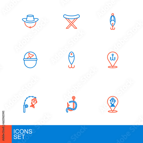 Set line Location fishing, Fishing hook and worm, rod, bucket with, lure, and harpoon icon. Vector