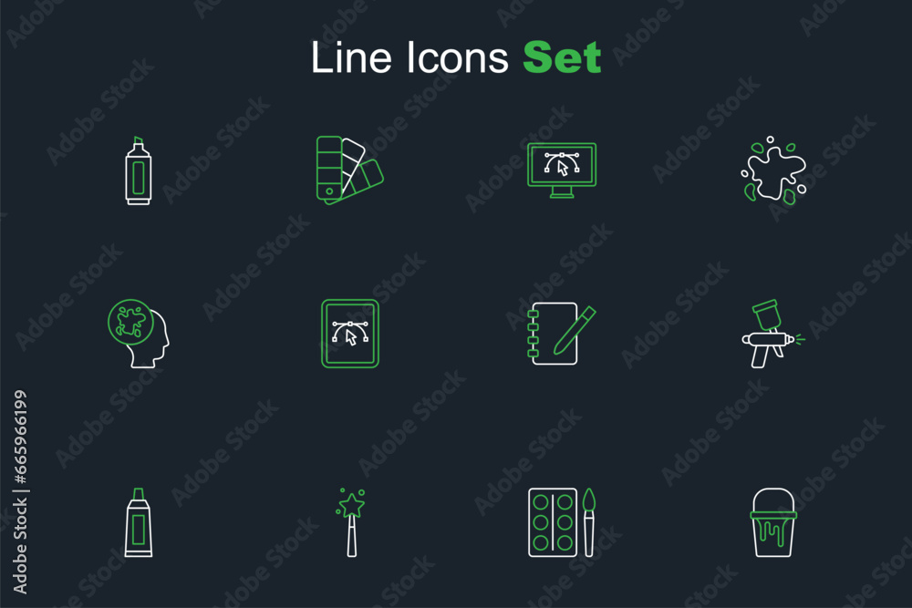 Set line Paint bucket, Watercolor paints box, Magic wand, Tube with palette, spray gun, Notebook, Computer design program and icon. Vector Set line Paint bucket, Watercolor paints box, Magic wand, Tube with palette, spray gun, Notebook, Computer design program and icon. Vector
