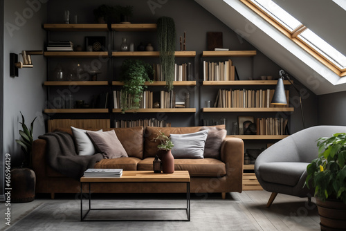 Modern living room featuring a sofa and lounge chair in a stylish Scandinavian attic. Contemporary and stylish decor  creating a cozy and comfortable living space ideal for interior design projects.