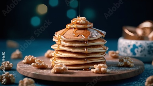Pancakes on a plate with maple syrup and nuts