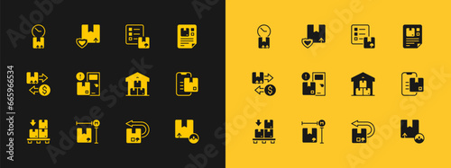 Set Waybill, Cardboard box measurement, Full warehouse, Return cardboard, Home delivery services, Verification of list, with clock and Delivery security shield icon. Vector