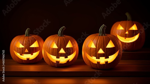 halloween pumpkin on a wooden table on a bokeh glowing background. AI Generated