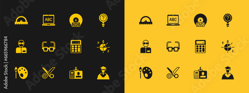 Set Unknown search, Scissors, Calculator, Identification badge, Glasses, CD DVD disk, Protractor grid and Laptop icon. Vector
