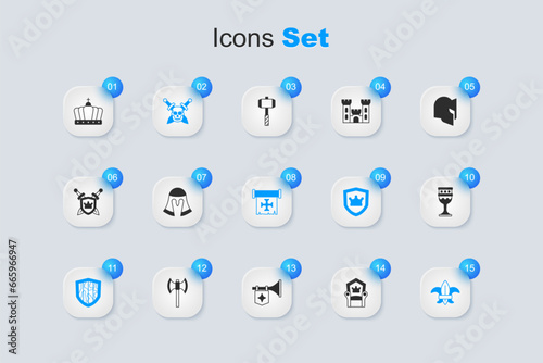 Set Medieval throne, helmet, Skull with sword, Shield, Fleur de lys lily flower, goblet, King crown and Crusade icon. Vector