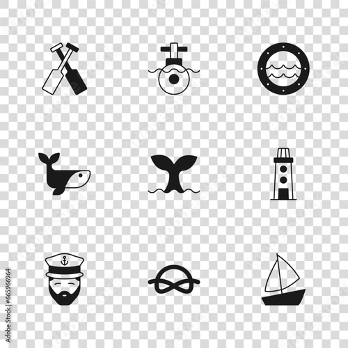 Set Nautical rope knots, Lighthouse, Yacht sailboat, Whale tail, Ship porthole, Crossed oars paddles, Submarine and icon. Vector